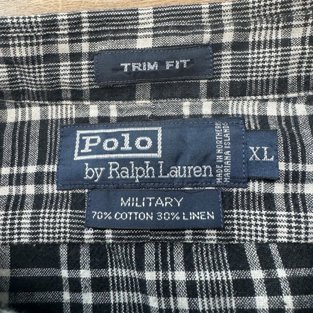 Polo Ralph Lauren Military Trim Button Up Shirt Men XL Black Plaid Linen Vintage - Picture 4 of 7